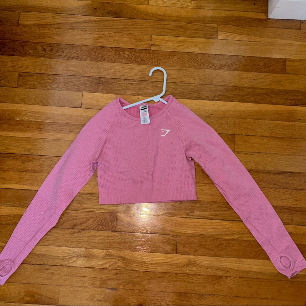 Pink Gym Shark Long Sleeve Crop Top